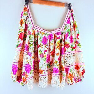 Boho Floral Linen-Blend Peasant Blouse Crochet Trim